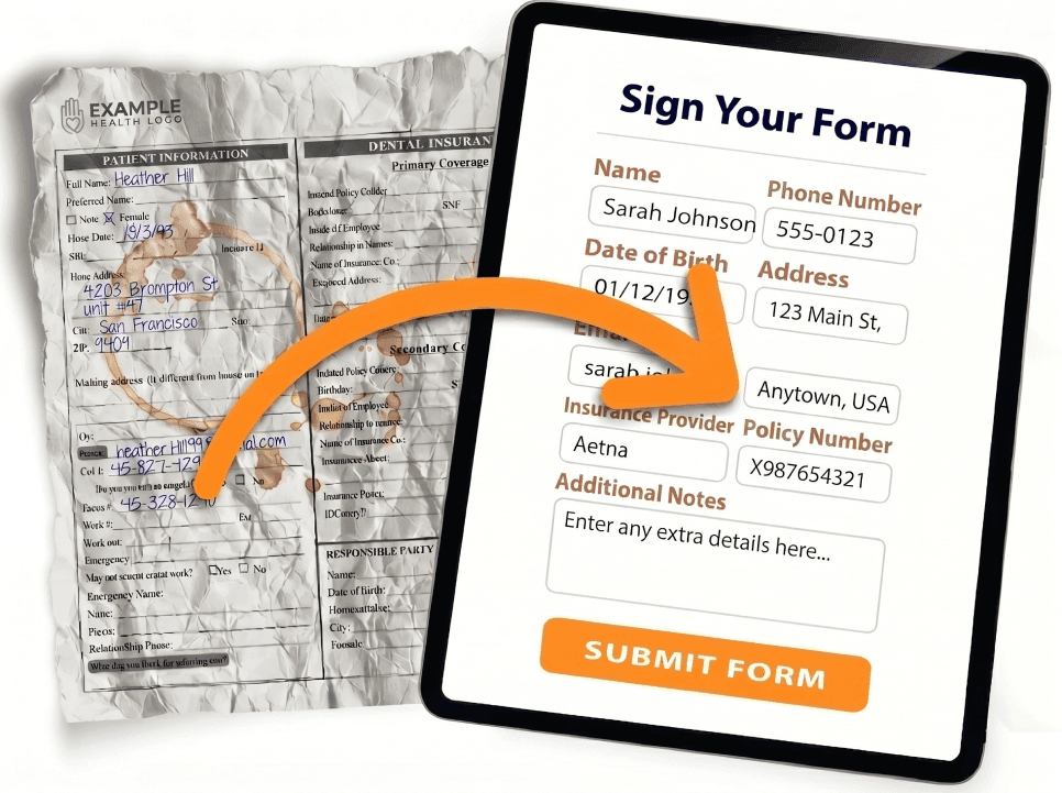 Crumpled paper intake form transforming into a clean digital form on a tablet